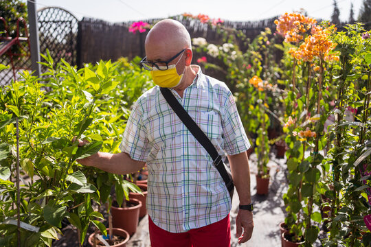 Elderly buyer in sterile mask choosing plants in garden shop