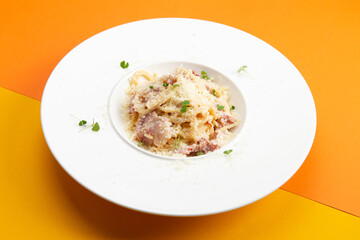 Corbanara pasta with bacon. In a plate on a colored background.