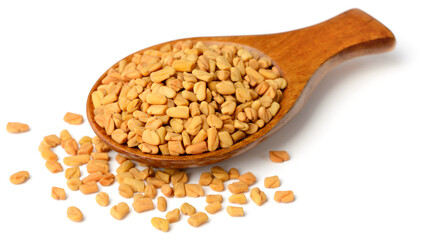 fenugreek seeds in the wooden spoon, isolated on the white background
