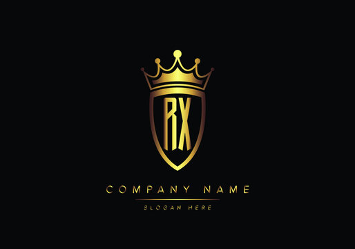 Alphabet letters RX monogram logo, gold color, shield style, luxury style, vector illustration
