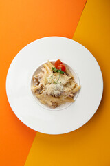 Pasta with cheese and tomatoes. In a plate.