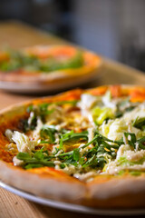 Delicious Italian pizza served on wooden table, traditional recipe.