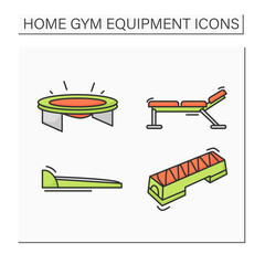Home gym equipment color icons set. Sport and fitness tools. Walking pad, aerobic stepper, barbell bench, bounce trampoline. Isolated vector illustration
