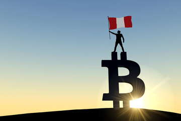 Person waving a peru flag standing on top of a bitcoin cryptocurrency symbol. 3D Rendering