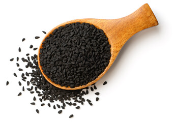 black cumin seeds isolated on the white background, top view