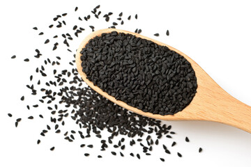black cumin seeds isolated on the white background, top view