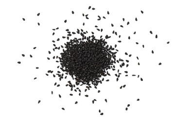 black cumin seeds isolated on the white background, top view