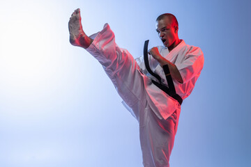 Cropped portrait of young sportsman training karate, judo isolated over gradient white blue...