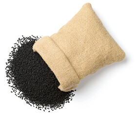 kalonji seeds in the sack, isolated on the white background, top view