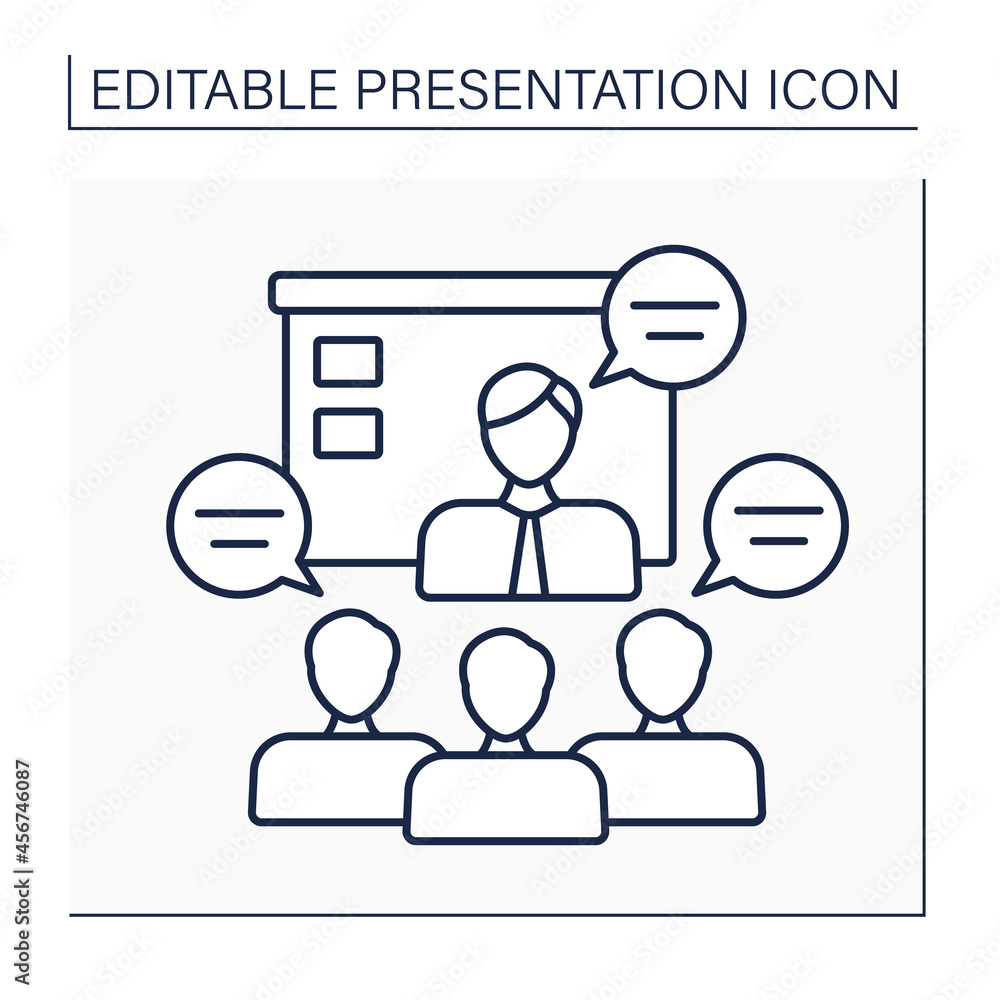 Poster discussion line icon. conversation or debates between speaker and audience. exchange ideas and propo
