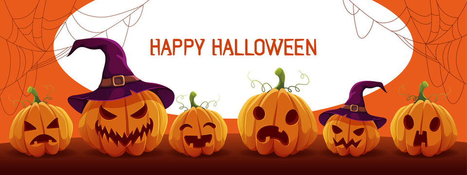 	
Concept of Halloween banner with pumpkins. Orange pumpkins on white background. Halloween pumpkin and smiling scary faces with creepy teeth vector illustration. Vector illustration.
