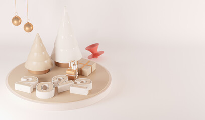Minimal scene with podium, gift box with golden and pastel background. Concept of Happy New Year and Christmas . 3D numbers 2022 and letter text, banner, cover card, studio. 3d render. Top view
