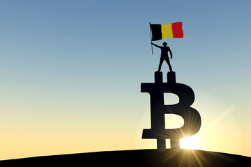 Person waving a belgium flag standing on top of a bitcoin cryptocurrency symbol. 3D Rendering
