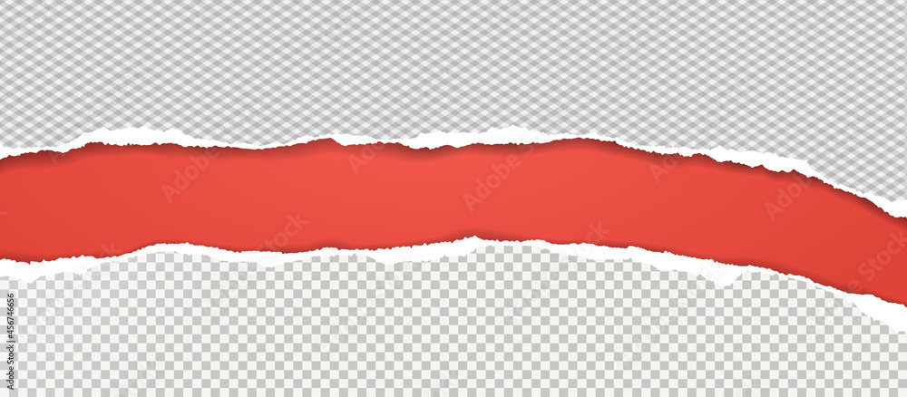 Aufkleber torn, ripped white squared paper strips with soft shadow are on red background for text. vector illu