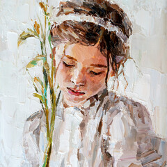 Girl with a flower in her hand on a white background. Oil painting on canvas.