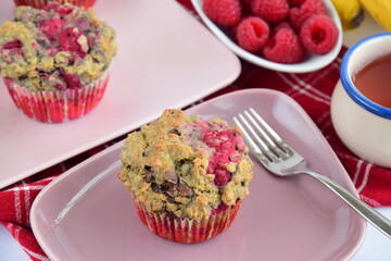 Homemade raspberry banana chocolate chip muffins