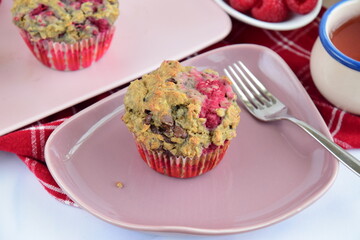 Homemade raspberry banana chocolate chip muffins