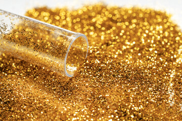Bottle of gold glitter. Handmade concept