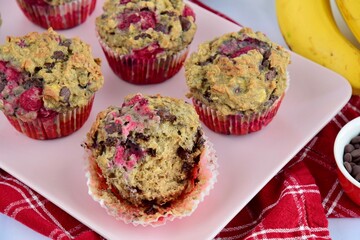 Homemade raspberry banana chocolate chip muffins