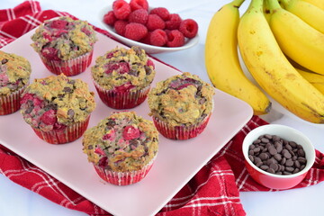 Homemade raspberry banana chocolate chip muffins