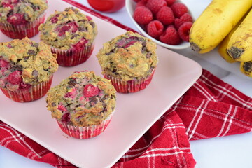 Homemade raspberry banana chocolate chip muffins