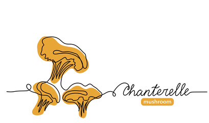 Chanterelle wild mushrooms simple vector illustration. Single line art drawing with lettering chanterelle mushroom - obrazy, fototapety, plakaty
