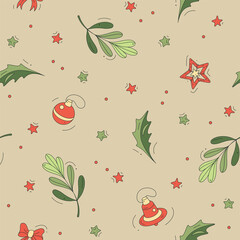 Seamless pattern with red and green Christmas symbols isolated on light background. Colorful template of background for holidays. 