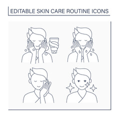 Skin care routine line icons set. Man doing beauty procedure for soft face skin. Washing, cleansing, wiping, shining. Cosmetology concept. Isolated vector illustrations. Editable stroke