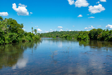Fototapeta na wymiar Quiet river with forest edges and magnificent blue sky