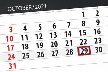 Obraz premium Calendar planner for the month october 2021, deadline day, 29, friday