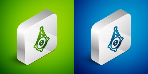 Isometric line Korean paper lantern icon isolated on green and blue background. Silver square button. Vector
