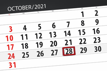 Obraz premium Calendar planner for the month october 2021, deadline day, 28, thursday