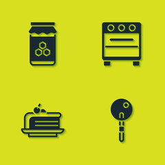 Set Jar of honey, Lollipop, Piece cake and Oven icon. Vector