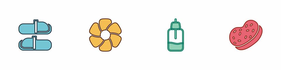 Set Sauna slippers, Flower, Essential oil bottle and Bath sponge icon. Vector