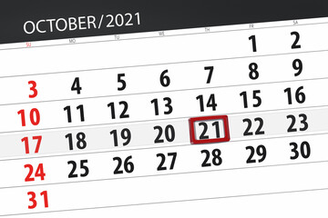 Fototapeta premium Calendar planner for the month october 2021, deadline day, 21, thursday