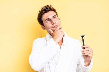 thinking, feeling doubtful and confused, with different options, wondering which decision to make....
