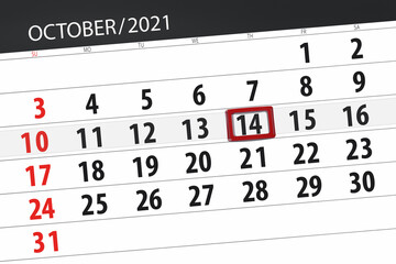 Fototapeta premium Calendar planner for the month october 2021, deadline day, 14, thursday