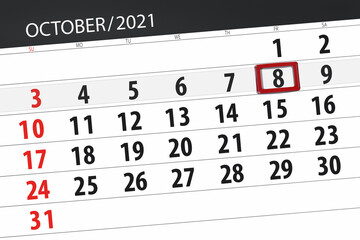Obraz premium Calendar planner for the month october 2021, deadline day, 8, friday