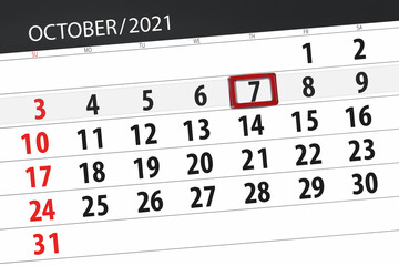 Fototapeta premium Calendar planner for the month october 2021, deadline day, 7, thursday