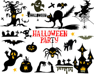 Set of Halloween Scary silhouettes black icons with witch, cat, raven, hat, ghosts, bats, candle, pumpkin, spider, cobweb, skull and bones. Vector illustration in flat style isolated background