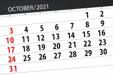 Obraz premium Calendar planner for the month october 2021, deadline day