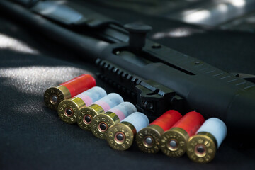 Shotgun, shotgun cartridges on a black leather background