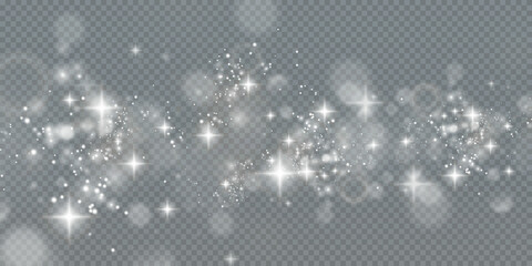 White png dust light. Bokeh light lights effect background. Christmas background of shining dust Christmas glowing light bokeh confetti and spark overlay texture for your design.