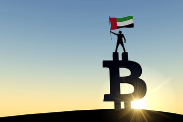 Person waving a uae flag standing on top of a bitcoin cryptocurrency symbol. 3D Rendering