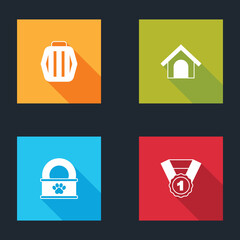 Set Pet carry case, Dog house, Canned food and award symbol icon. Vector