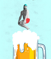 Funny cheerful swimmer. Cute red-headed man in red swimming shorts and cap jumping into huge glass...