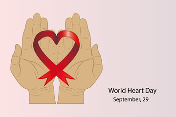 Red ribbon in a Heart shape on hands, isolated on pink background. World Heart Day concept. Vector illustration.
