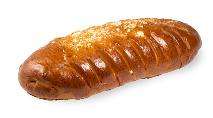 Sweet loaf for tea isolated on a white background.Fresh pastries sprinkled with culinary crumbs.