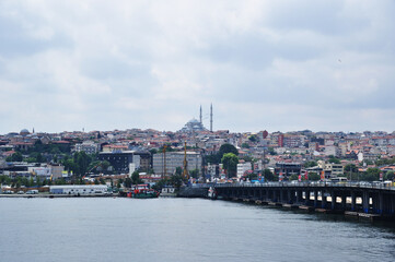 Panoramic view of Istanbul. Automobile bridge over the Golden Horn Bay. July 09, 2021 Istanbul, Turkey.