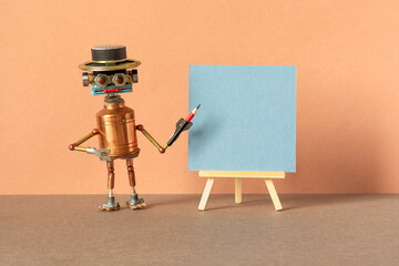 Robot guide poses with a pencil next to a wooden easel and a blank sheet of blue paper. Abstract advertising poster, presentation, invitation card template. Empty frame mockup. copy space.